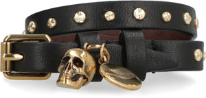 Leather bracelet with metal logo pendant and skull-1